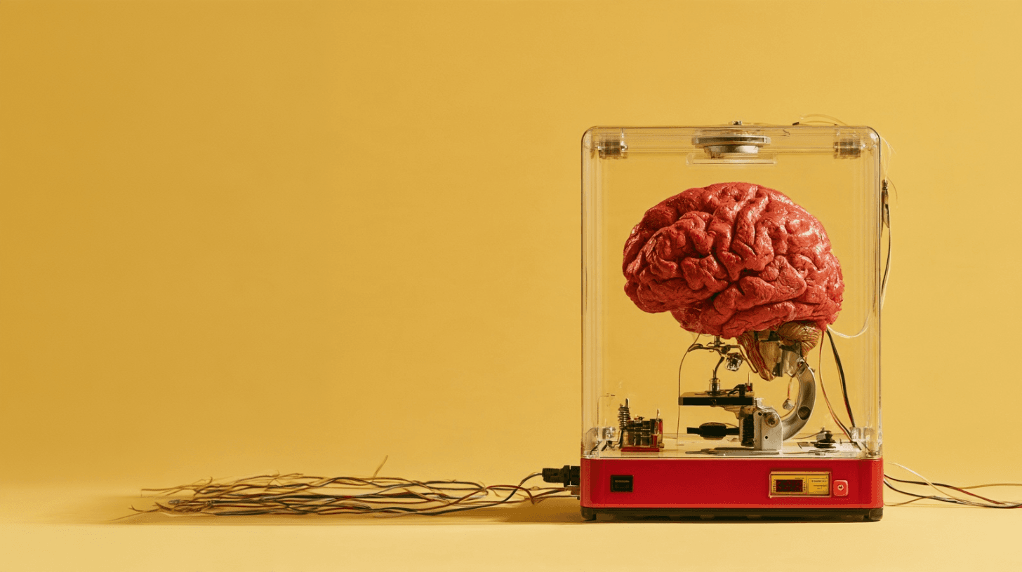 A brain inside a transparent machine against a yellow background