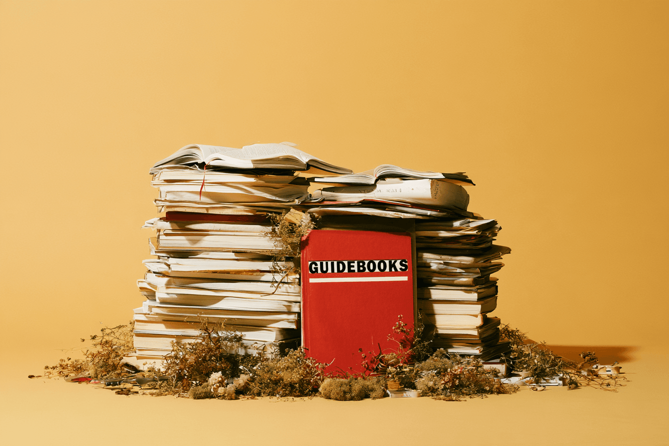 A red guidebook surrounded by stacks of books on a yellow background