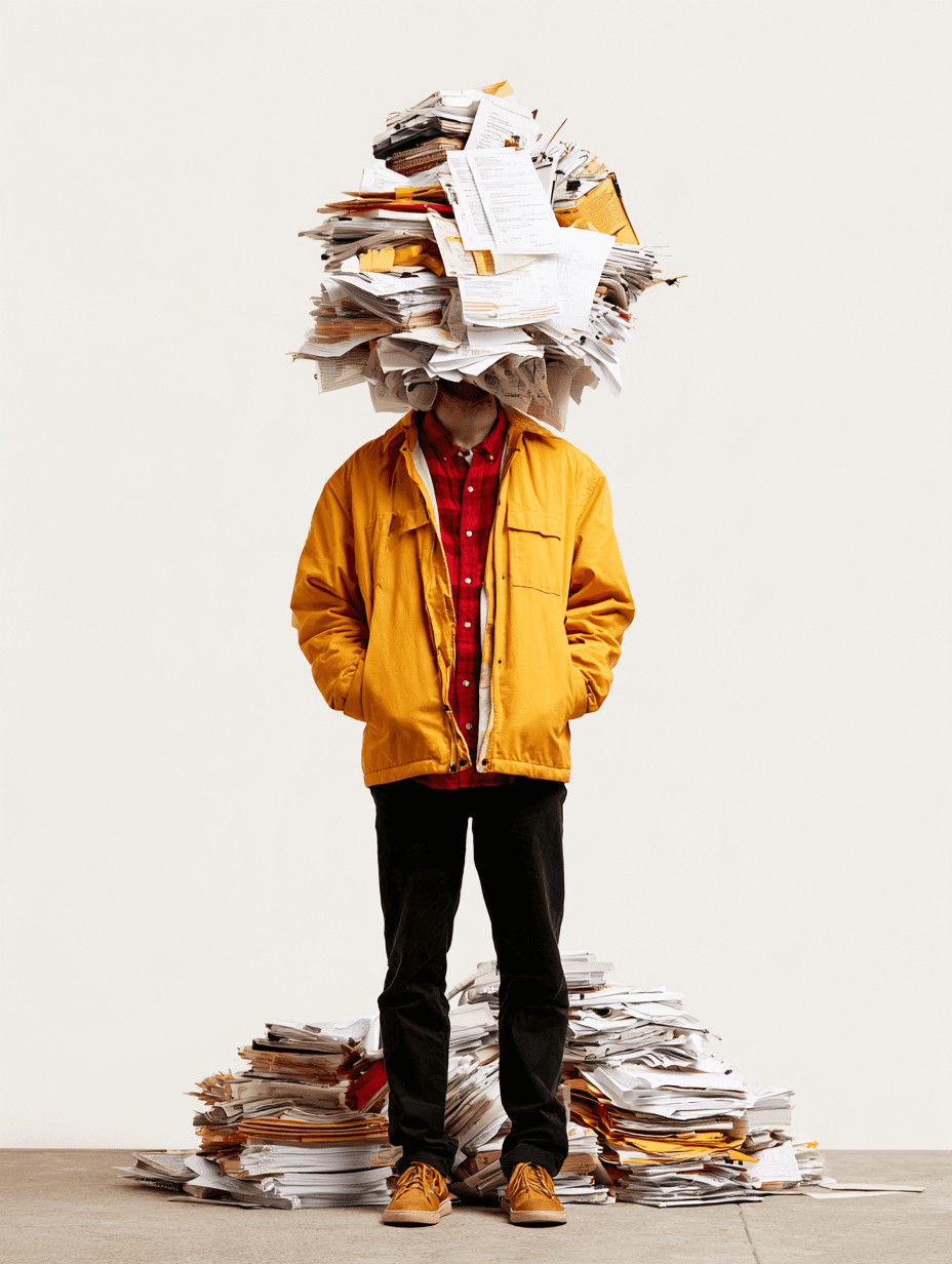 A person in a yellow jacket with papers and books piled around their head
